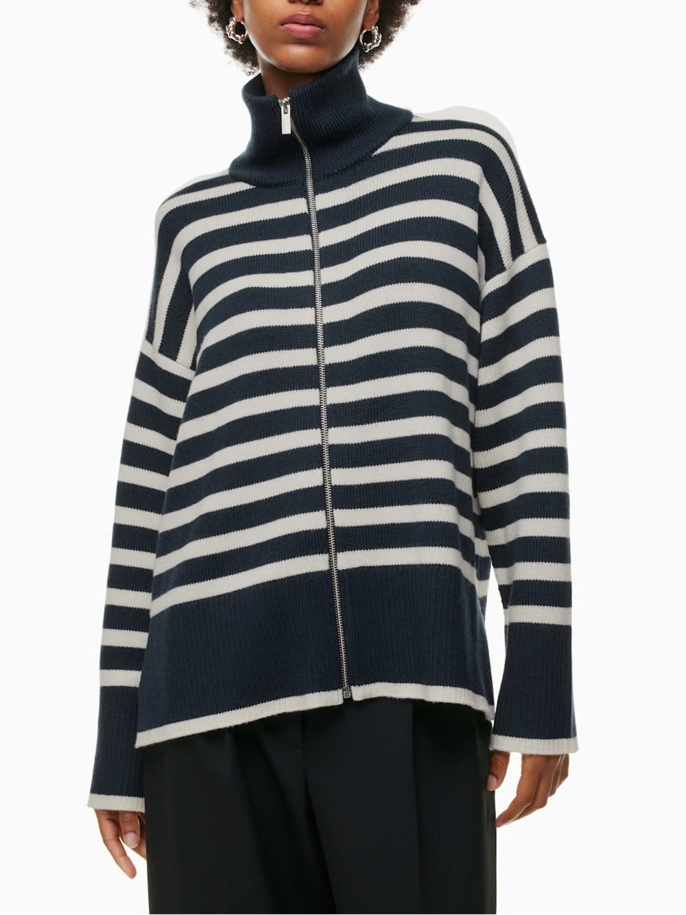 Aritzia Babaton History Zip-Up Wool Striped Turtleneck Sweater Cardigan Sz M